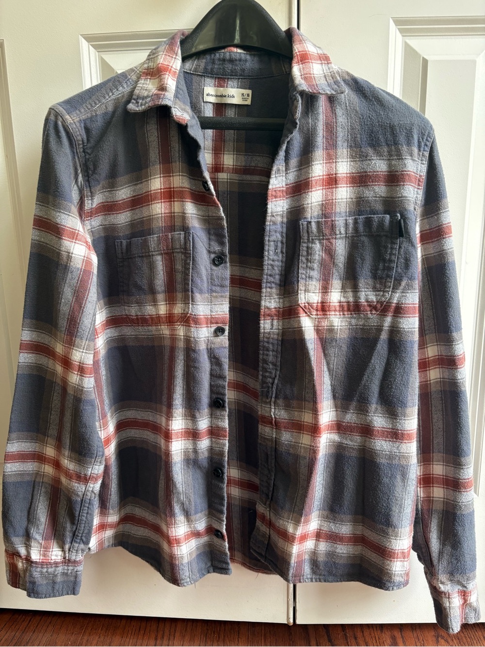 Abercrombie Kids Flannel Shirt — Blue, Gray & Rust Plaid — Size 15/16
